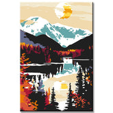 Painting by Numbers Art Nature Setting sun behind mountain lake